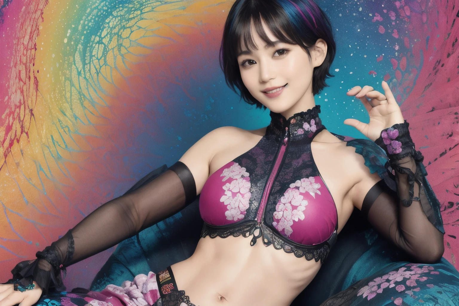 275 (20-year-old woman,Short Hair), (aesthetic:1.1), (Fractal Art:1.2), (flower), whole body, (Abstract background:1.3), (Many colors:1.4), (Archaic Smile), Abdominal muscles, (Wave)