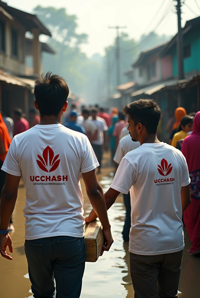 Ucchash Bangladesh is a NGO, some people are distributing help by wearing uccash Bangladesh t shirt in the flood in feni, Bangladesh