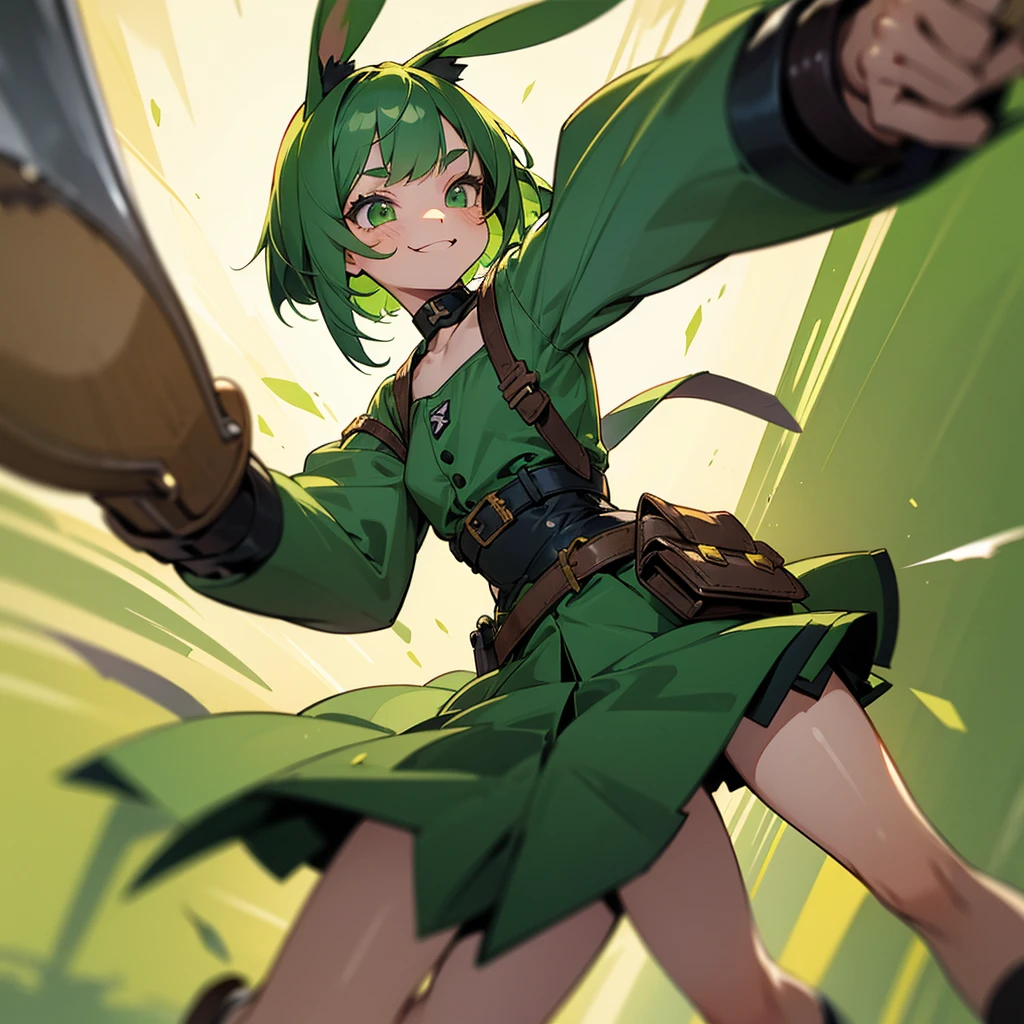 Green rabbit ears, green animal ears, a girl, bob cut, green hair, green eyes, look young, alone, short,  tiny,Lolita, childhood,smile, belt, waist bag, waist pouch, kawaii, cute,face, 1900 age, with a combat Axe, combat Axe fighting, fighting, running at full speed