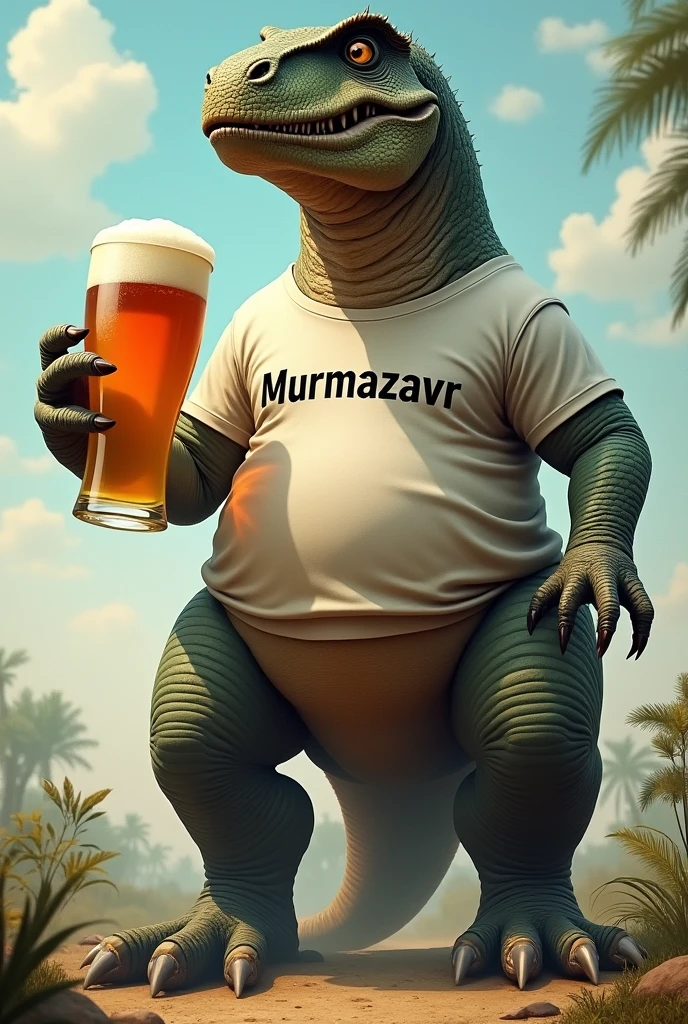 Large dinosaur in a t-shirt with the inscription Murmazavr, holding a large glass of beer