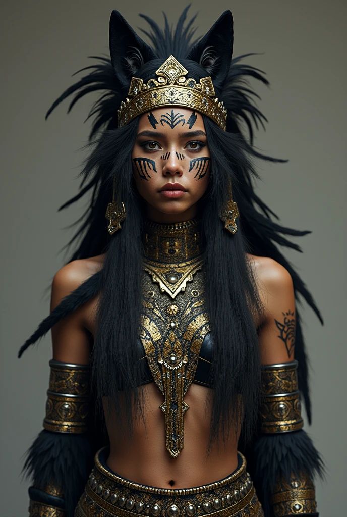 (photorealism:1.2), bench cheering costume. Theme: Black wolves tribe
Base color: black
Other color: gold and silver
Something more in traditional tribe and something that can be dIY
Just a person
SIMPLE