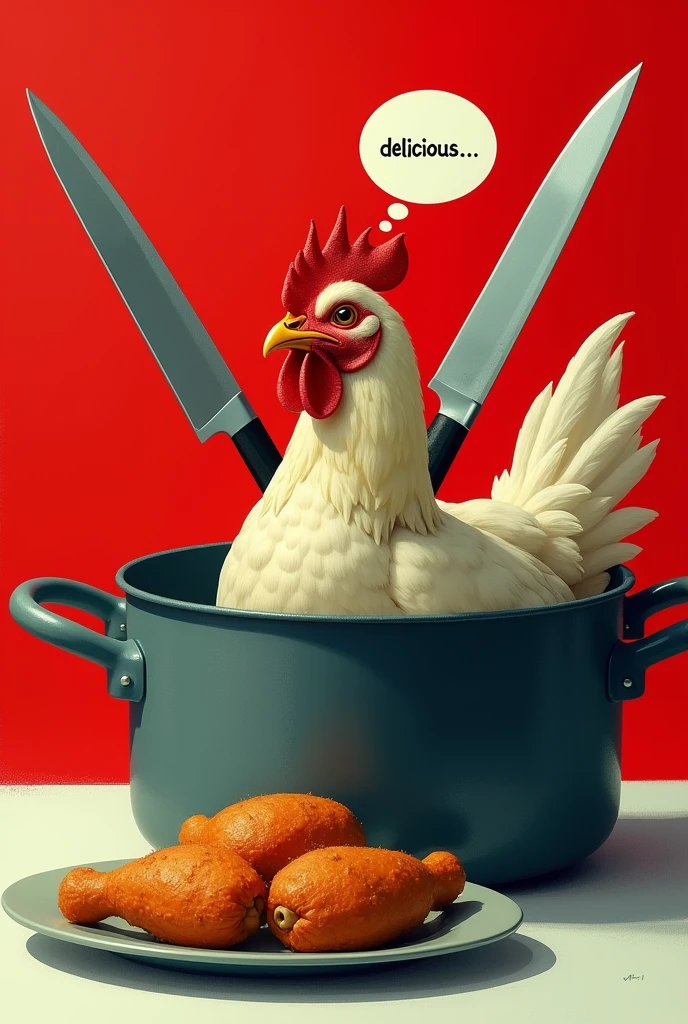 A red and white background, a pot with a fire underneath and a live chicken inside the pot, a crossed two knifes on the top, a fried chicken on aside, the chiken in the pot looking at the fried chicken write "Delicious ..." as a thought on the top of the chicken head