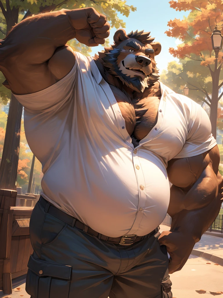 1boy, 1man, solo, a potrait (furry grizzly bear ), (face:1.3, detailed face, bearded, beard, thick mustache), chubby, fat belly, huge belly, Park, extremely huge muscular, massive muscular , (white shirts and cargo shorts), well-muscled old man. ((extremely muscle size, super thick arms, huge pec, hyper pec, bigger chest, extremely wide pectoral , huge arms)), wide smiling. Add textures and details to make the image more realistic, such as the appearance of the. Make sure the resulting image is high resolution, 8K quality