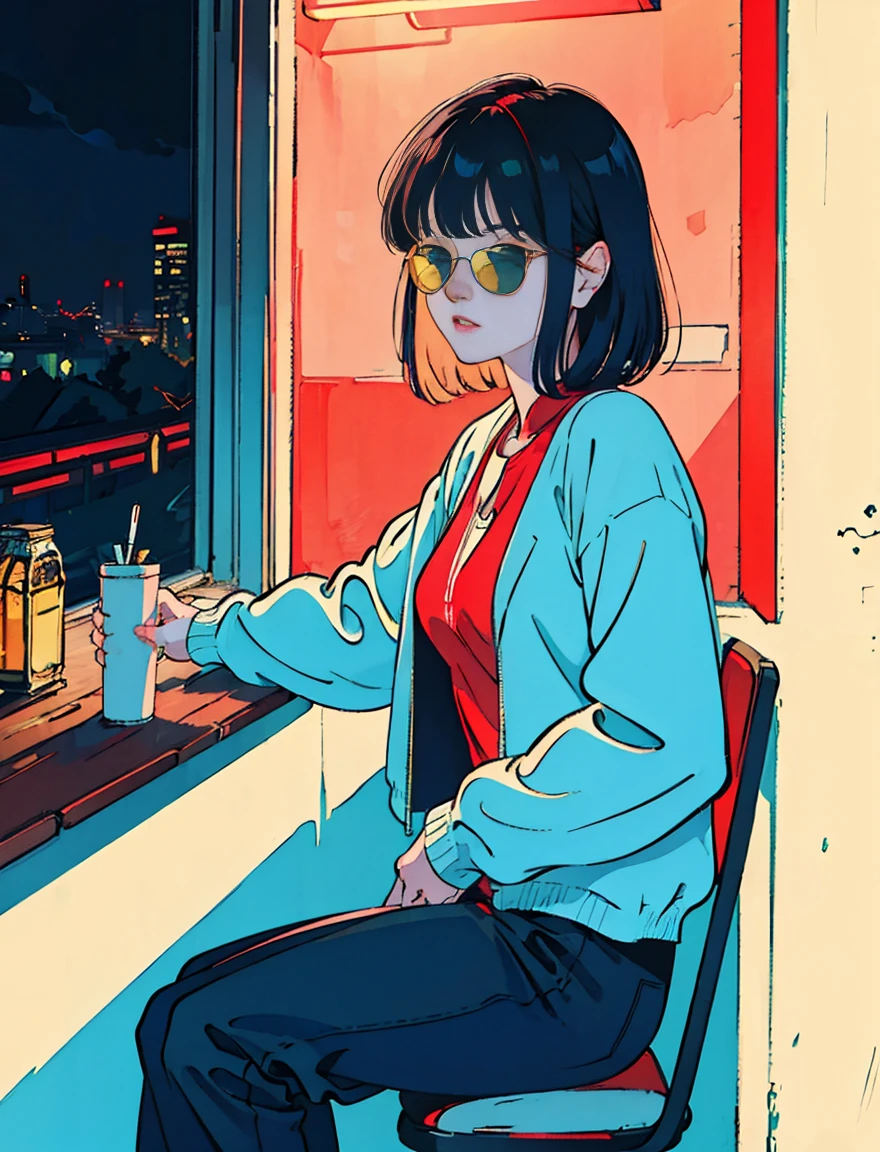 Beautiful redhead Asian girl sitting in a diner at night, Visible from the window, Perfect Face, sunglasses, Smoking white Taylormade cigarettes, Neon Black, (Backlight: 1.1), Hard Shadows, masterpiece, Highest quality, Complex, Model shooting style, Vintage, Film Grain, Incomplete details