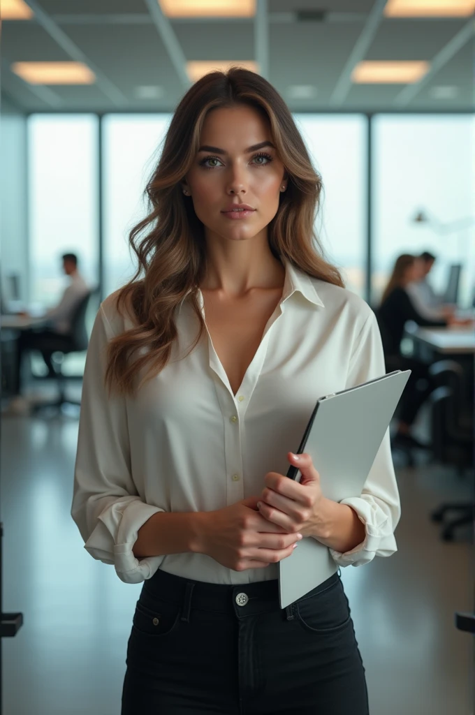 A young woman with a medium build and big chest is standing in a modern office, dressed in a tailored, fitted V-neck blouse that accentuates her figure. She’s holding a folder in one hand and a pen in the other, looking directly into the camera with a professional and confident expression. Behind her, the office is sleek and contemporary, with glass walls, ergonomic desks, and a few colleagues working in the background. Natural light pours in through large windows, highlighting the clean lines and productive atmosphere of the workspace.