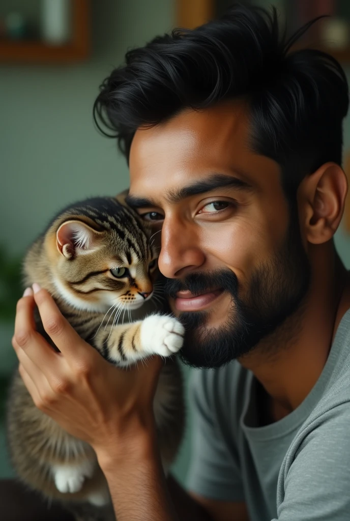 A handsome Bangladeshi man, age around 27. Playing with his cat hidden his face. Realistic photo, Cinematic vibe.