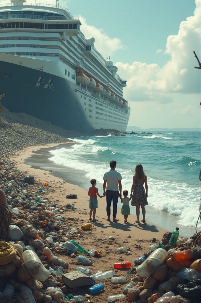 hidden object, cruise ship, garbage, plastic bottles, cars, family on beach