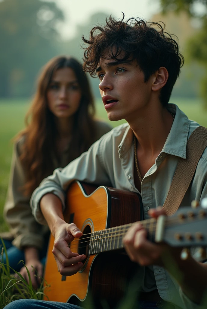 A 18 years boy is
 Crying and singing with a guitar in front of a girl 

