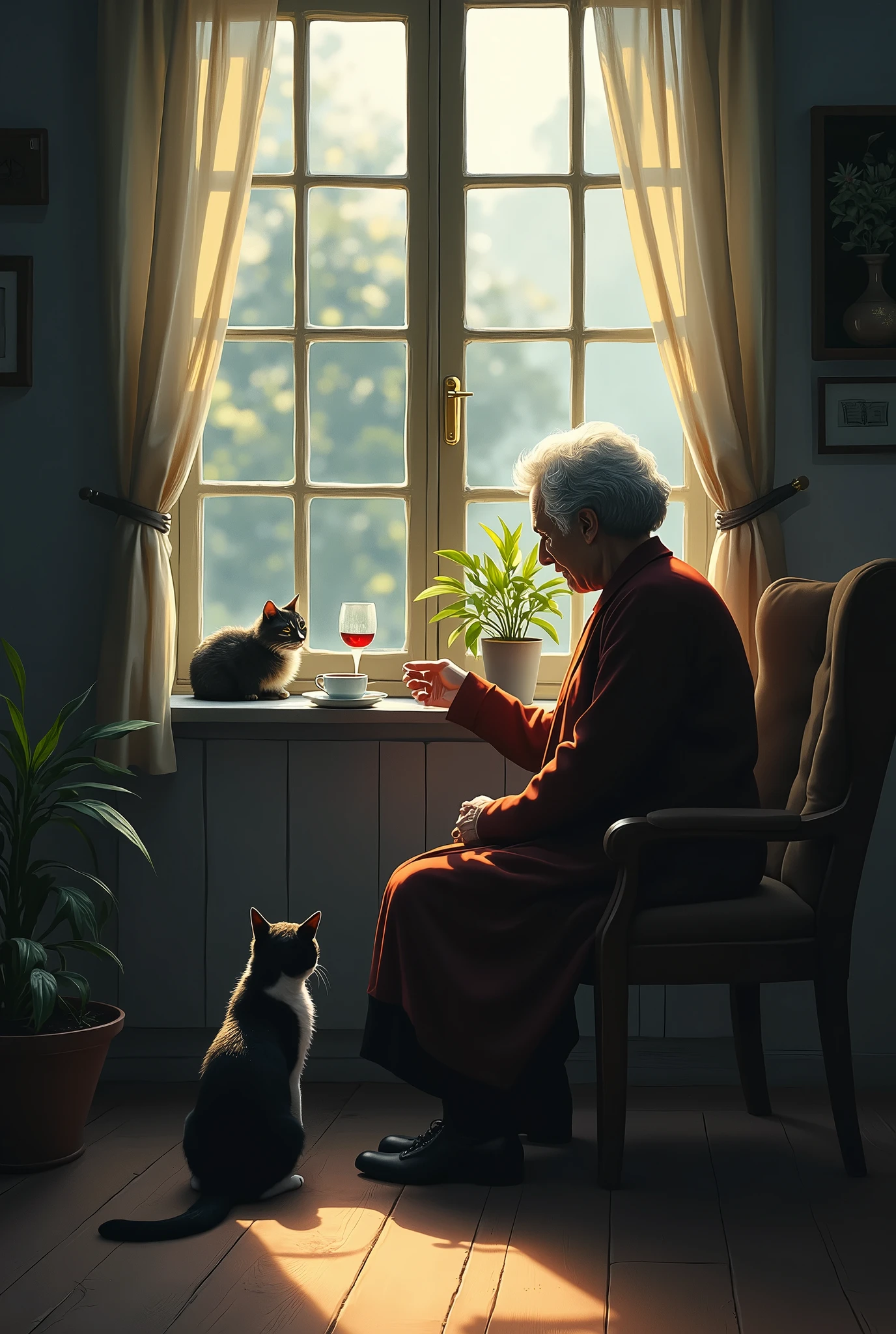 In a quiet village, there lived a cat named Luna. Luna had a loving owner, an elderly woman who always filled her days with warmth and affection. They were inseparable; wherever the woman went, Luna was right by her side. Every morning, they would sit by the window together, the woman sipping tea while Luna purred softly on her lap.

One cold winter morning, Luna woke up to find her owner still in bed, unusually quiet. Luna nudged her gently, but there was no response. The house, once filled with laughter and love, became eerily silent. Luna waited by the door every day, hoping her owner would return, but the days turned into weeks, and then months.

The neighbors, knowing what had happened, tried to comfort Luna by feeding her and giving her a warm place to sleep. But
