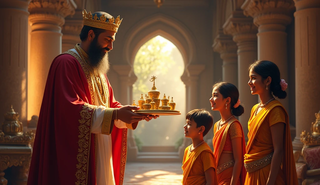 The king rewarding Ramoo with a grand prize, including gold and silver items. Ramoo looks amazed and overjoyed, standing with his family in a newly gifted home.