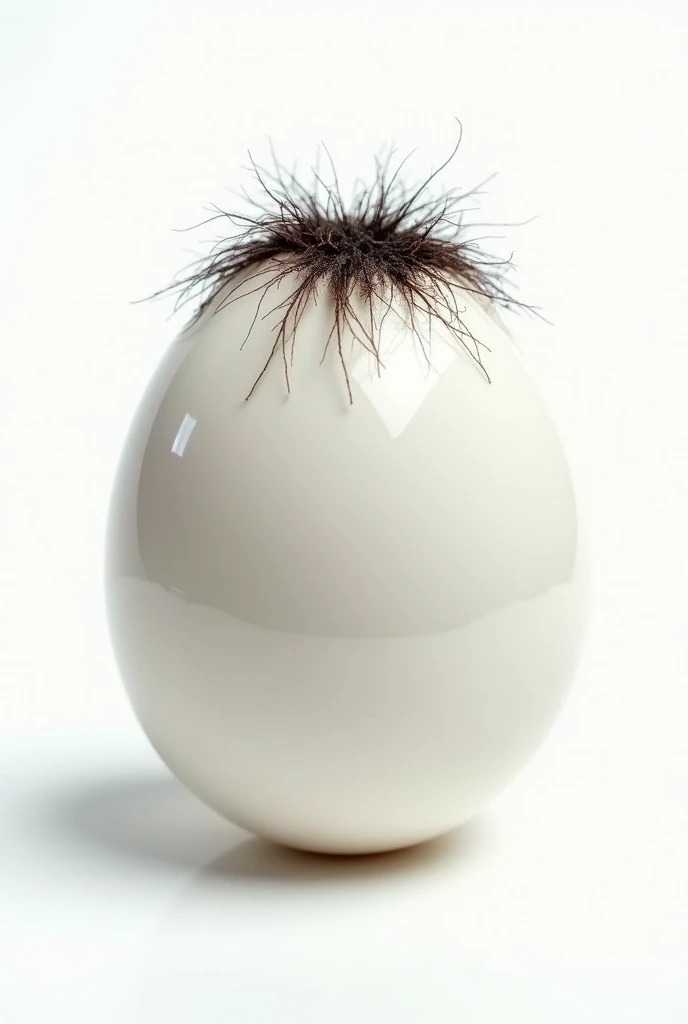 Hyper realistic hoto of undamaged egg in white backkground, close up, short dark body hair growing from it's pores