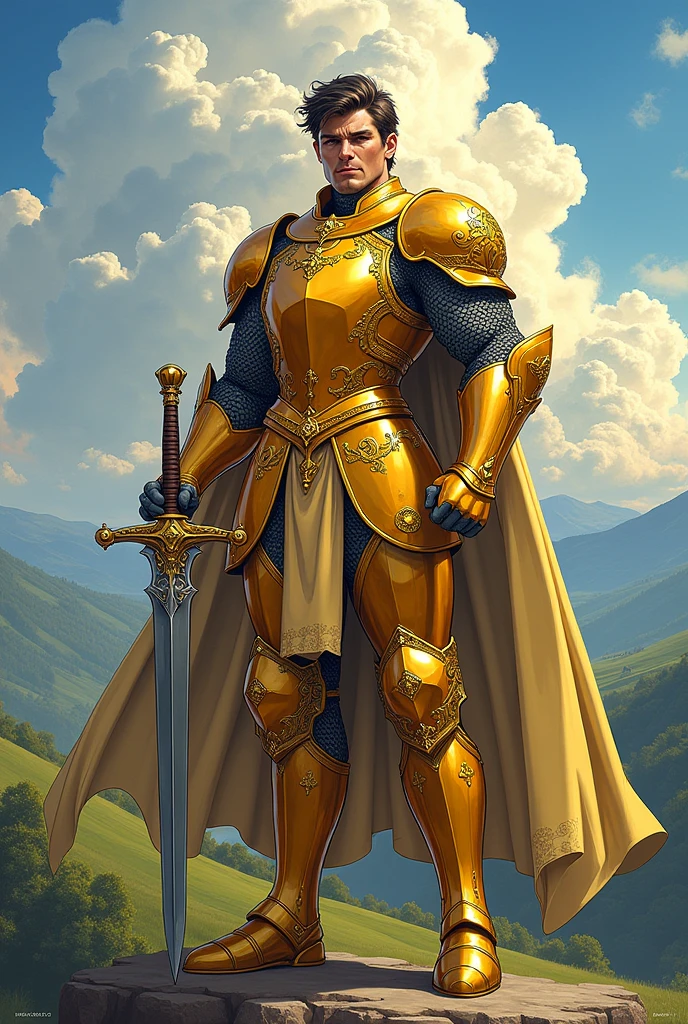 A knight with golden armor and a sword, Anime style