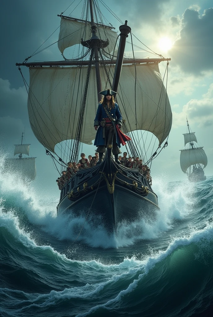 Envision Jack Sparrow skillfully maneuvering the Black Pearl to escape from the Royal Navy, weaving through narrow sea channels and avoiding cannon fire.the Black Pearl being tossed by a violent storm, with Jack Sparrow shouting orders to his crew as they struggle to keep the ship afloat.