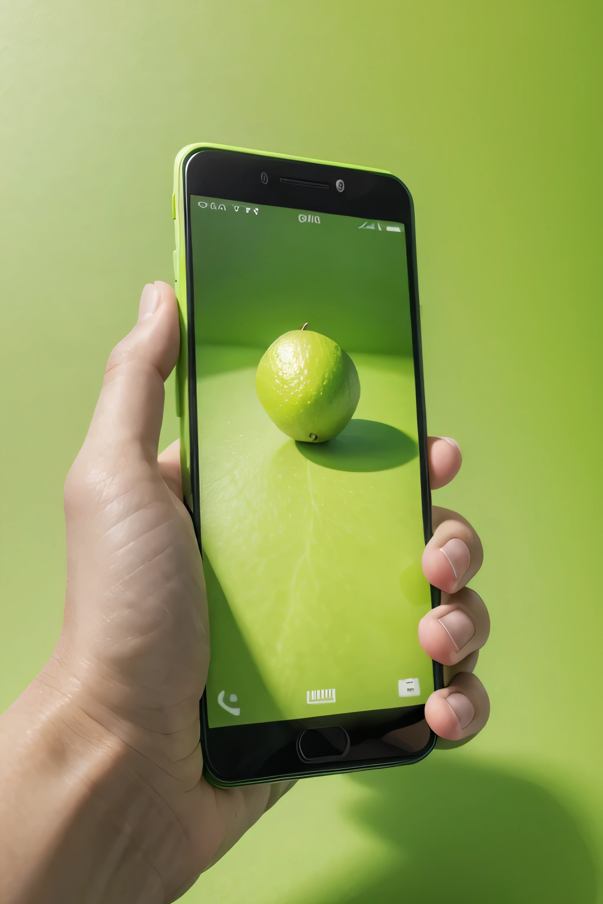 create an arm holding a cell phone on a lime green background