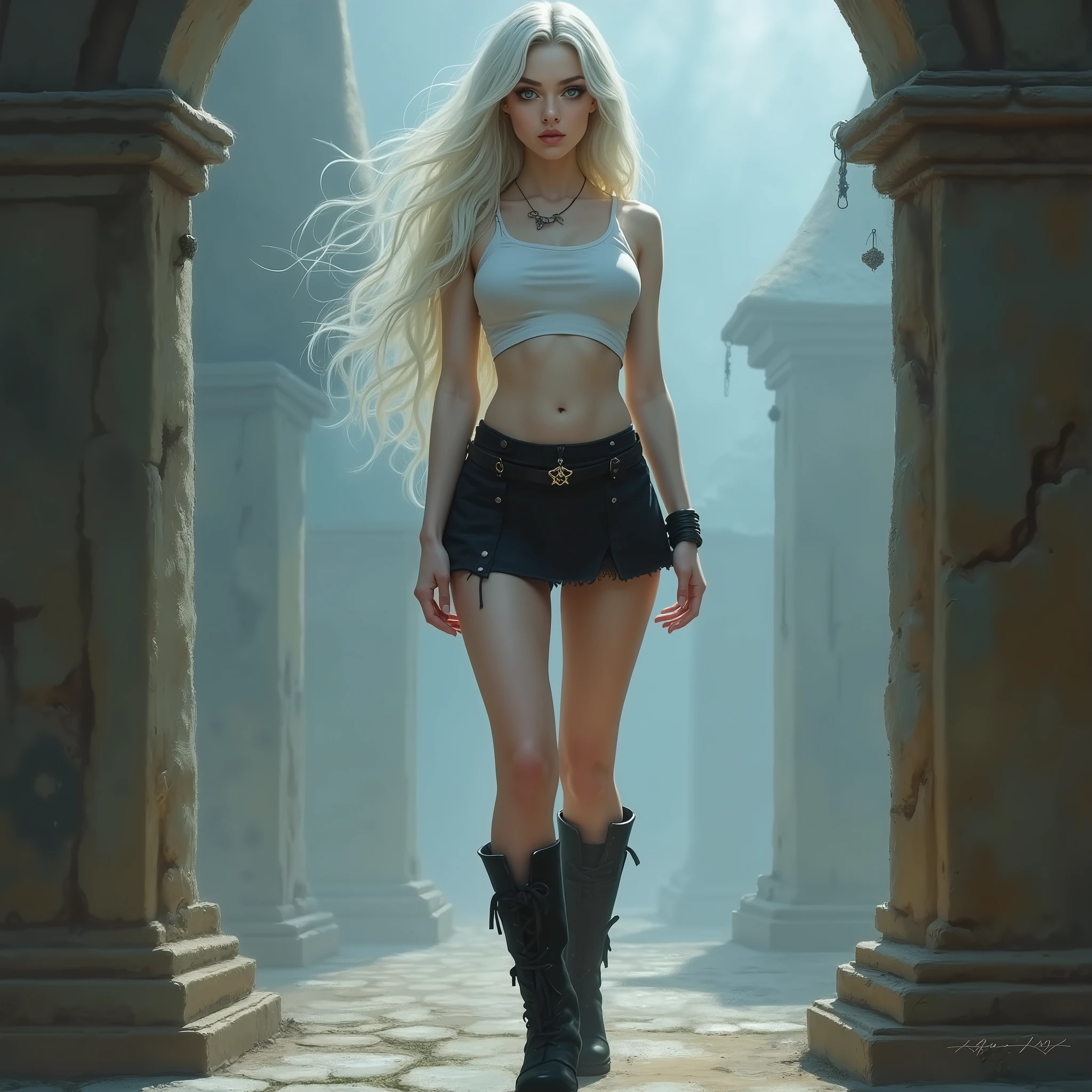 A (((full-body))), ultra-detailed masterpiece fantasy art painting, in the style of Dungeons and Dragons, of an ethereally beautiful 18-year-old woman. She has doll-like caucasian features and ((very pale porcelain skin)). Her large eyes are a striking blue, and she is wearing ((heavy black eye shadow)). She has a very slim ((petite body)) with long (((thin legs))). Her ((huge round breasts)) look far too large for her skinny body. She is wearing a tight crop top, an extremely short miniskirt, and black boots. She is standing, facing toward the viewer, and her (((whole body from head to toe))) is shown in the photo.