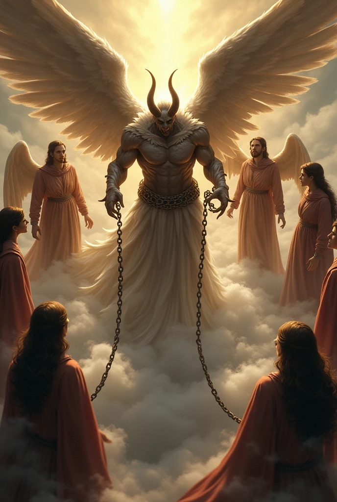 Angle shot,the devil in heaven chained, a round of angels looks at the situation