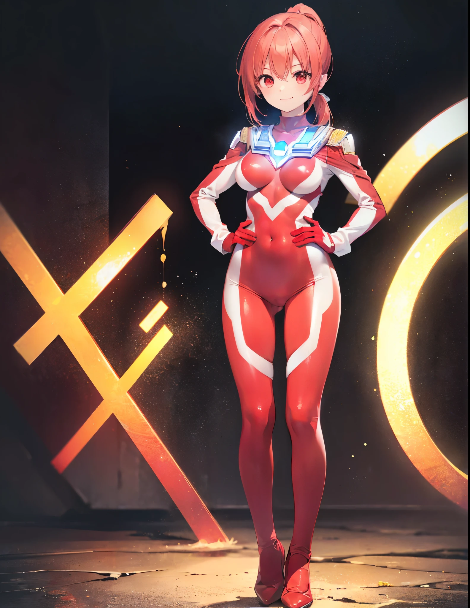 (Close-up:1.3),Realistic,Highest quality, Ultra Detail, High-quality CG rendering, The most delicate and beautiful, Floating softly, High resolution, (1 female), (Highest quality,4K,8k,masterpiece:1.2),(All red hair:1.5), (ponytail:1.5),(Red eyes:1.5), (Ultra Girl:1.0), (All red Ultraman bodysuit:1.5),(Do not expose your skin:1.5),(Slightly larger breasts:1.5),(Red gloves:1.3),(Red Shoes:1.3),(whole body:1.3),(smile:1.3),Small room,(Are standing:1.4),(Place your hands on your hips:1.3),(Turn your back to your audience:1.3),Butt