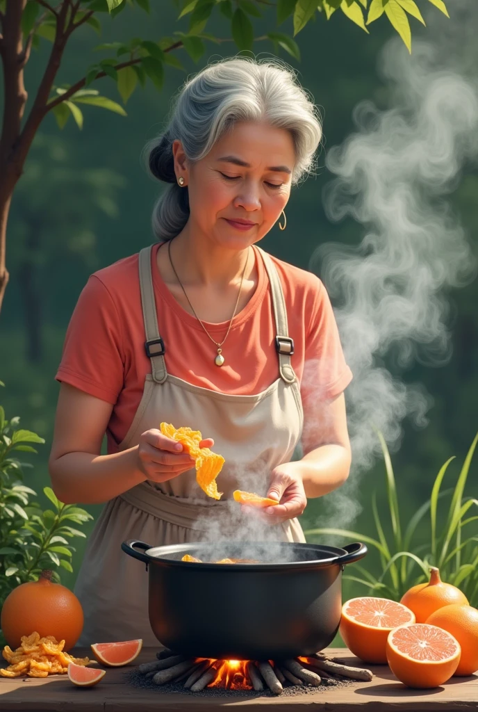 Image of a gentle 40-year-old woman in the 1990s in Vietnam putting a handful of dried grapefruit peels into a pot of boiling water ,smoke billowing from the wood stove ,Summer scene in Vietnamese countryside,sunny, nostalgia, simple and beautiful color scheme, flat color