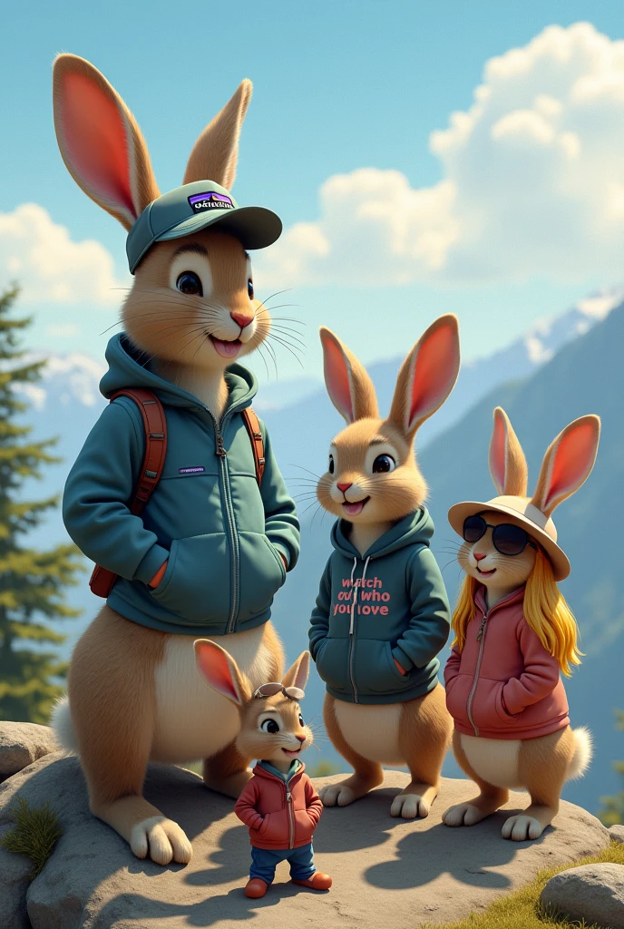 four rabbits on a mountain:
the FIRST and largest rabbit is male and wears a cap from Patagonia.
the SECOND rabbit is also male and a bit smaller than the first. He wears a hoodie that says "watch out who you love".
The THIRD rabbit is female and a bit smaller than rabbit two, with sunglasses and long blonde hair.
The FOURTH and smallest rabbit is also female and wears a sun hat and has red hair.