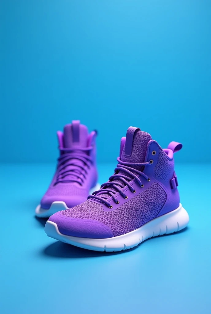 Vivid high-resolution image showing bright purple sneakers with white soles, featuring intricate design details that stand out against a monotone blue background. The sneaker takes center stage, showcasing its textured surface and vibrant colors. The combination of clean lines and subtle imperfections creates a compelling visual effect., poster, 3d render, illustration, photoLess