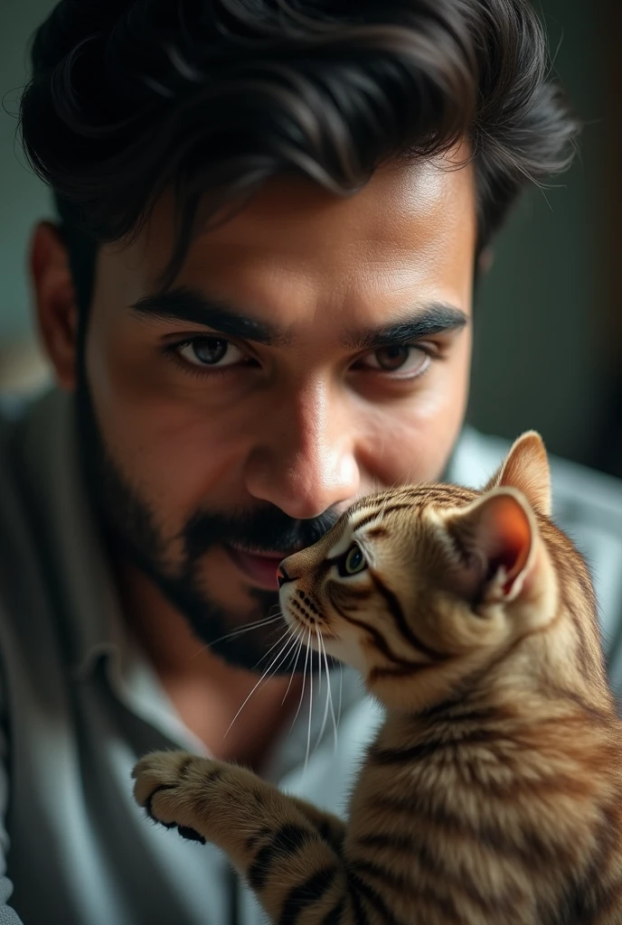 A handsome Bangladeshi man, age around 27. Playing with his cat hidden his full face. Realistic photo, Cinematic vibe.