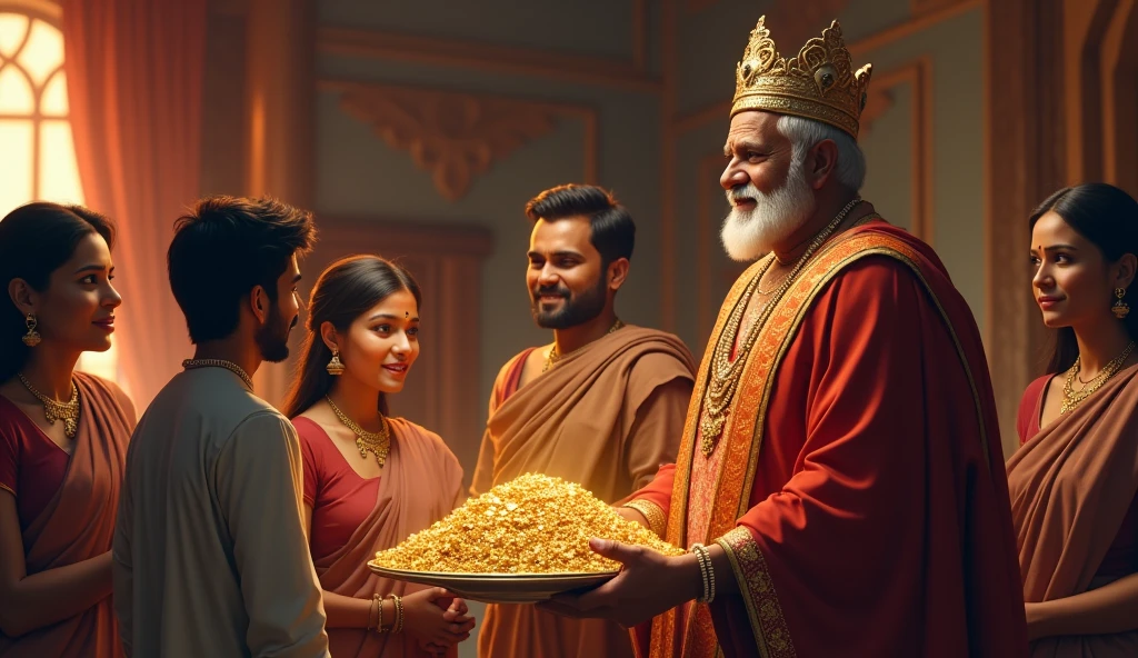 The king rewarding Ramoo with a grand prize, including gold and silver items. Ramoo looks amazed and overjoyed, standing with his family in a newly gifted home.