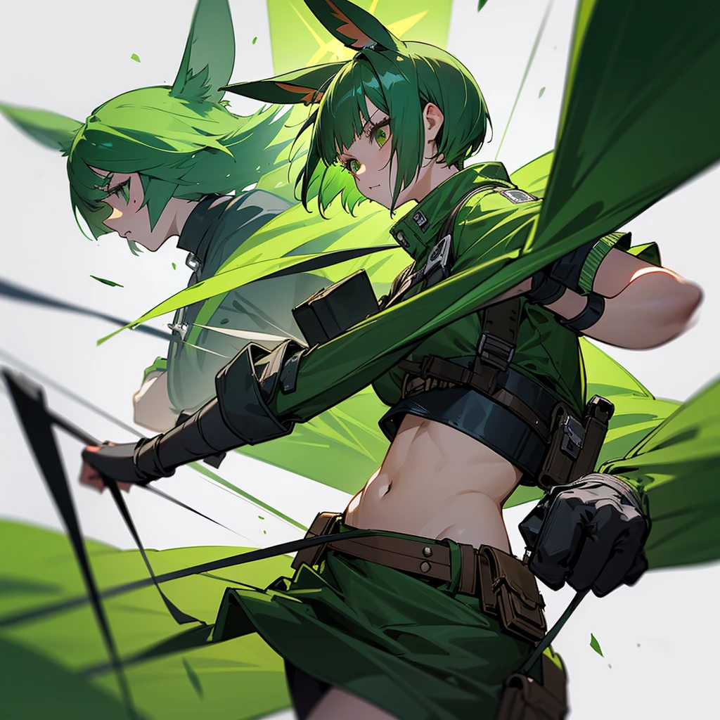 Green rabbit ears, green animal ears, a girl, bob cut, green hair, green eyes, look young, alone, short,  tiny,Lolita, childhood, belt, waist bag, waist pouch, cyberpunk, with a combat Axe, combat Axe fighting, fighting, running at full speed