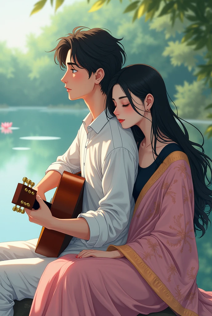 (Photo of backside) (anime photo) A man and woman sitting next to a lake, man playing guitar, woman wearing baby pink georgette shari, printed shari,black blouse, long hair, woman's head on man's shoulder, man wearing a white shirt with thin horizontal blue stripe, lotus in lake