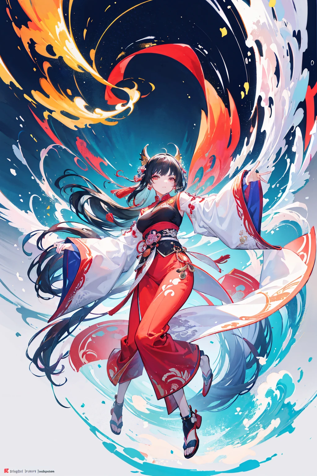 National Trends，complex background，Full body portrait，((dynamic action，floating，Asymmetric))，（The anthropomorphization of Chinese mythical beasts，beautiful girl，Wearing clothes in bright colors），Full body standing，Wide sleeves，Big watery eyes，Beautiful face and smooth fair skin，Delicate face，Black long hair，Chinese Beauty，Wearing Chinese clothing，gossamer，Colorful，Bright colors，Vibrant digital illustrations，（Clean background），Ink painting style，Clean colors，Decisive cuts，A blank，masterpiece， Ultra-delicate，Epic Works，high quality，最high quality，4K