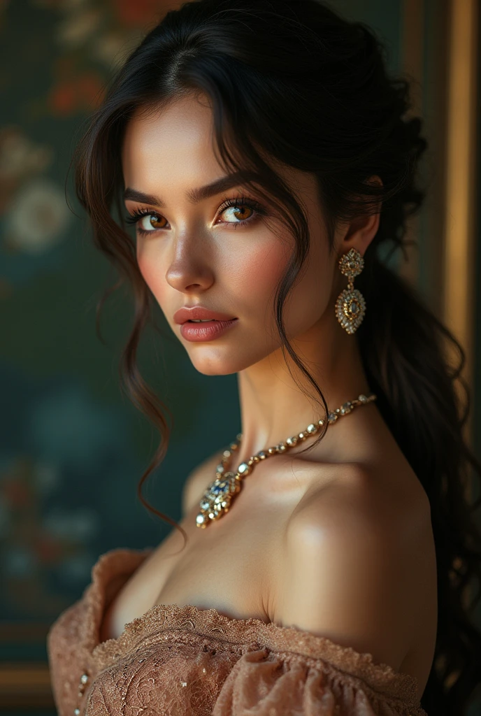 a sexy girl, beautiful detailed eyes, beautiful detailed lips, extremely detailed face and skin, long eyelashes, sensual expression, long flowing hair, intricate jewelry, elegant dress, photorealistic, 8k, ultra-detailed, masterpiece, cinematic lighting, vibrant colors, dramatic shadows, atmospheric