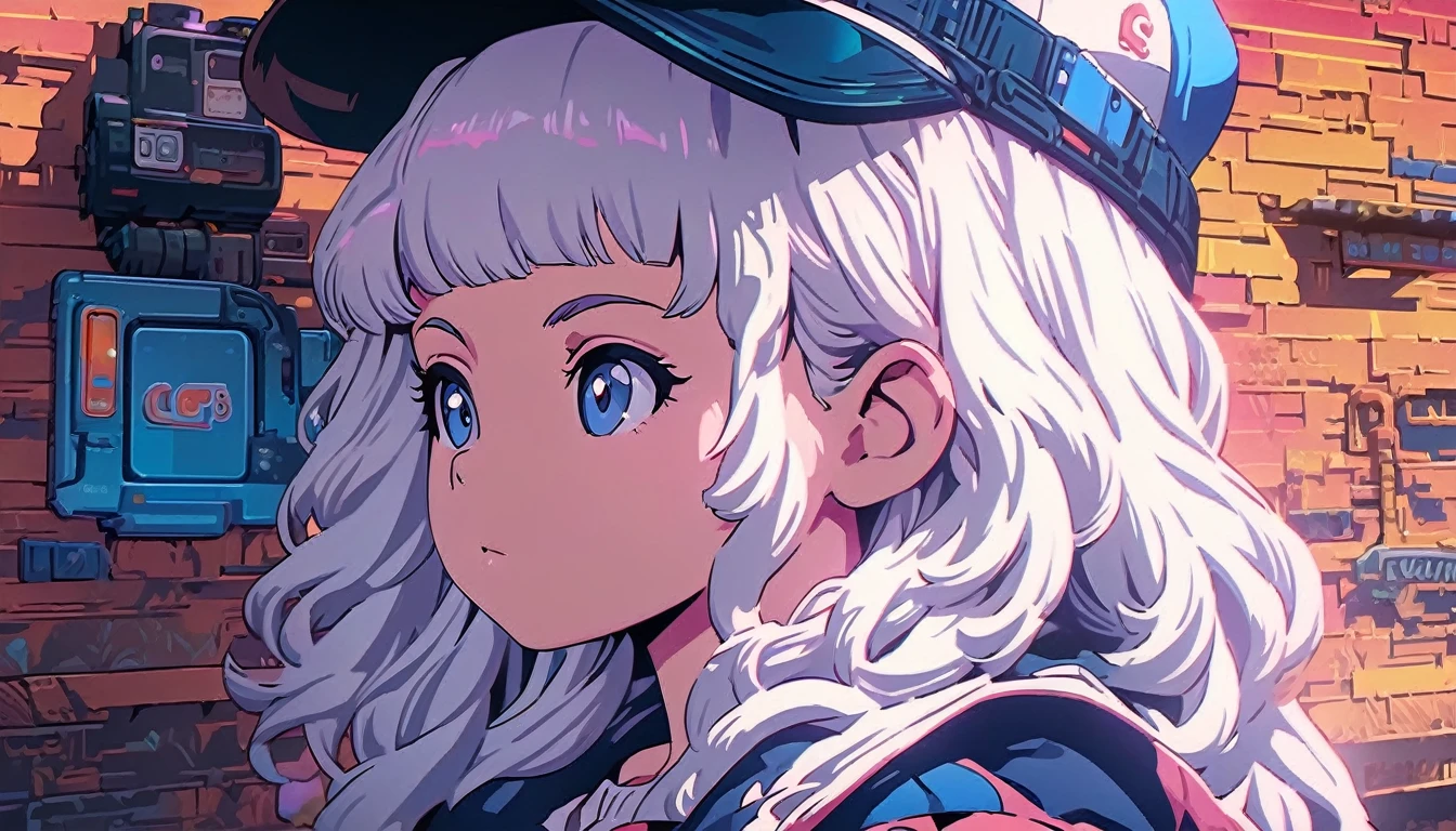 (extremely detailed CG unity 8k wallpaper), (best quality), (best illustration), (best shadow), realistic lighting, beautiful detailed reglow, masterpiece, best quality, lofi artstyle, lofi art, 80s anime style, Retro, Lo-Fi, 1girl, solo, long hair, bangs, hat, closed mouth, jacket, upper body, white hair, outdoors, hood, bag, from side, hoodie, profile, headphones, white headwear, expressionless, white jacket, hood down, baseball cap, hooded jacket