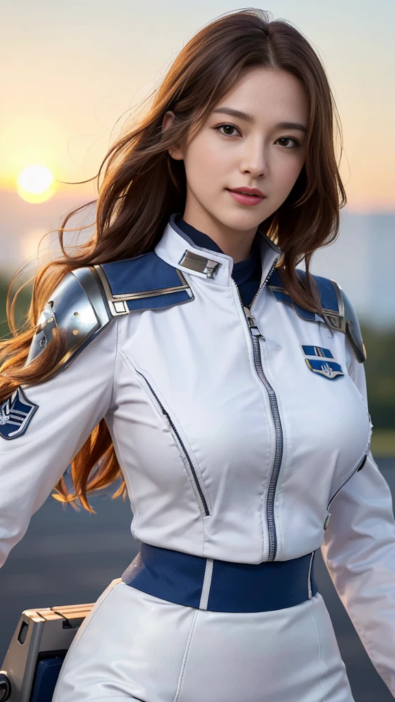 (Highest quality, 8k, 32K, masterpiece, 超High resolution:1.2), (Realistic:1.5), (masterpiece, Extremely detailed CG unity 8k wallpaper, Highest quality, High resolution:1.2), (Super detailed, 超High resolution:1.2), (( Wearing a breastplate)), (((Big Breasts))),Photo of extremely cute and beautiful Japanese woman, (Long wavy chestnut hair:1.2), Adult, (Beautiful detailed:1.4), Highest quality, woman, Adult, (Detailed US Air Force pilot uniform:1.5), (White Pilot Captain Jacket:1.3), (White high waist pencil skirt:1.3), (((日本刀を持つwoman)))、(((Metal shoulder pads)))、(((Metal armor on legs)))、Detailed clothing, (Beautiful sunset、US Air Force Base runway scenery background:1.3), Laugh shyly:1, A light smile, View your viewers, Facing the audience, ((完璧なwomanの体)), (Tight waist:1.2), (Upper body image:1.3), thin, Abdominal muscles, (Large breasts:1.25), ((Encircling the head)), Wind, Dynamic pose, Cinematic Light, Backlight, Perfect Anatomy, Perfect Proportions, Detailed human body, Bokeh, Depth of written boundary,Show off your breasts,,Show off your breasts,,Show off your breasts,