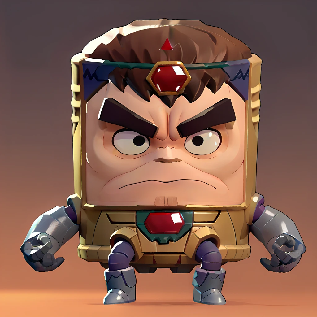 Full view, a cylindrical, golden robot (with small arms and small legs), humanoid face, red diamond on the forehead, big eyebrows, menacing look, brown hair,robot