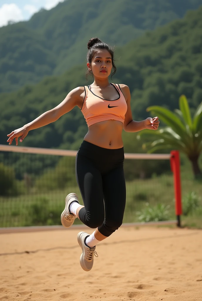 a beautiful Indonesian woman, huge breasted, tied short hair, longsleeve volleyball jersey, knee-lenght tight pants, nike running shoes, white socks, holding a volleyball, sexy and seductive expression, jumping on air at outdoor volleyball court in the countryside as a background detail, realistic photography, natural light, look at the viewer,