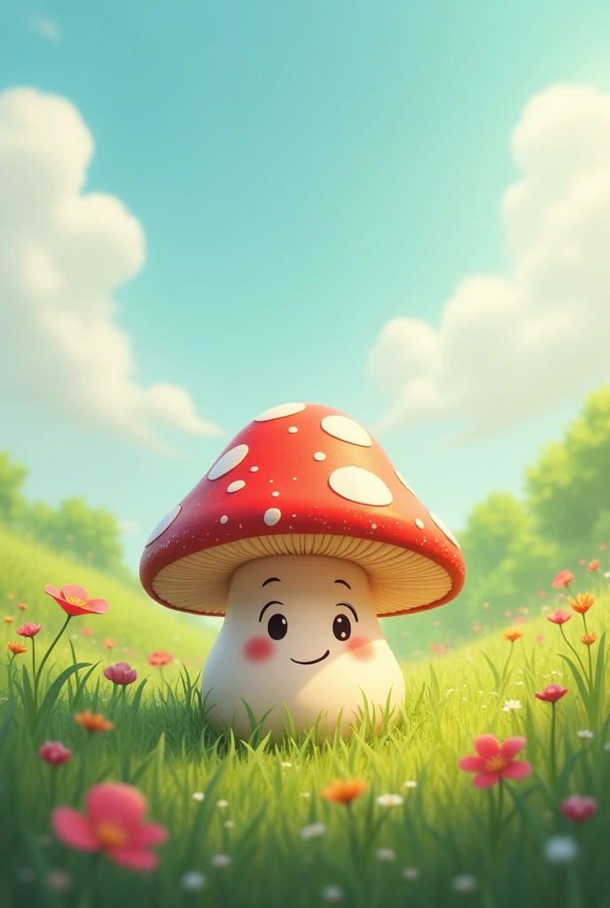 Lonely mushroom in the field with cute face