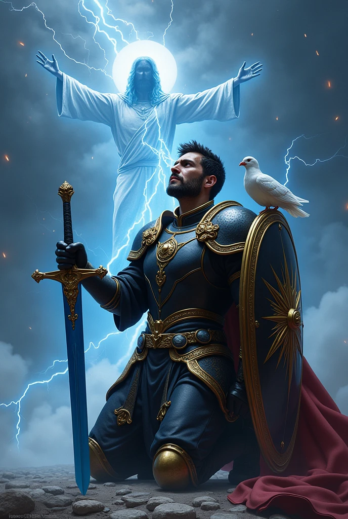 A soldier wearing an armor with a black color and golden edge, kneeling down on one knee holding a blue sword on his right hand, A golden shield on the left hand, Christ with no face standing behind the soldier with no face, a lightning all over the place,a dove on the shoulder of the soldier 