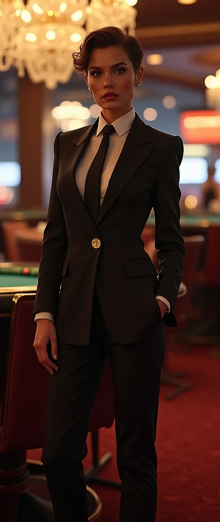 a stylish assertive tomboy woman in casino short hair in a suit and tie standing with assertive touching, with multiple girlscoil around her their legs to her fashion,elegant,glamorous posture (best quality,4k,8k,highres,masterpiece:1.2),ultra-detailed,(realistic,photorealistic,photo-realistic:1.37),HDR,UHD,studio lighting,ultra-fine painting,sharp focus,physically-based rendering,extreme detail description,professional,vivid colors,bokeh,portrait,high fashion,elegant,glamorous,cinematic,dramatic lighting,moody,mysterious,sensual,sophisticated