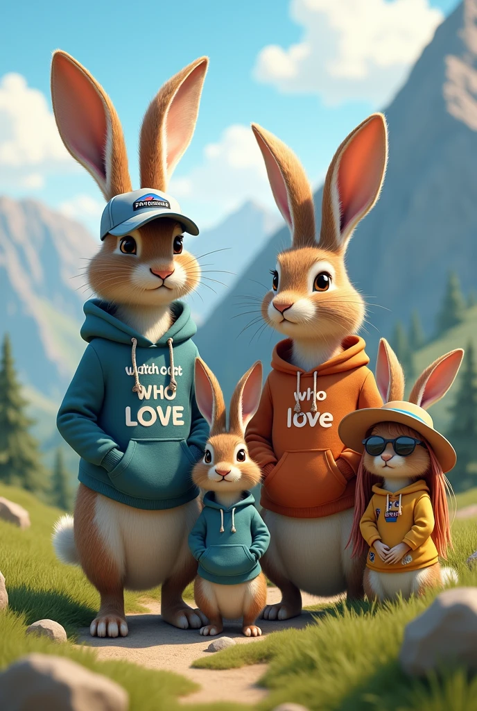 four rabbits on a mountain:

the FIRST and largest rabbit is male and wears a cap from Patagonia. 
the SECOND rabbit is also male and a bit smaller than the first. He wears a hoodie that says "watch out who you love". 
The THIRD rabbit is female and a bit smaller than rabbit two, with sunglasses and long blonde hair. 
The FOURTH Woman rabbit is also female and wears a sun hat and has red hair.