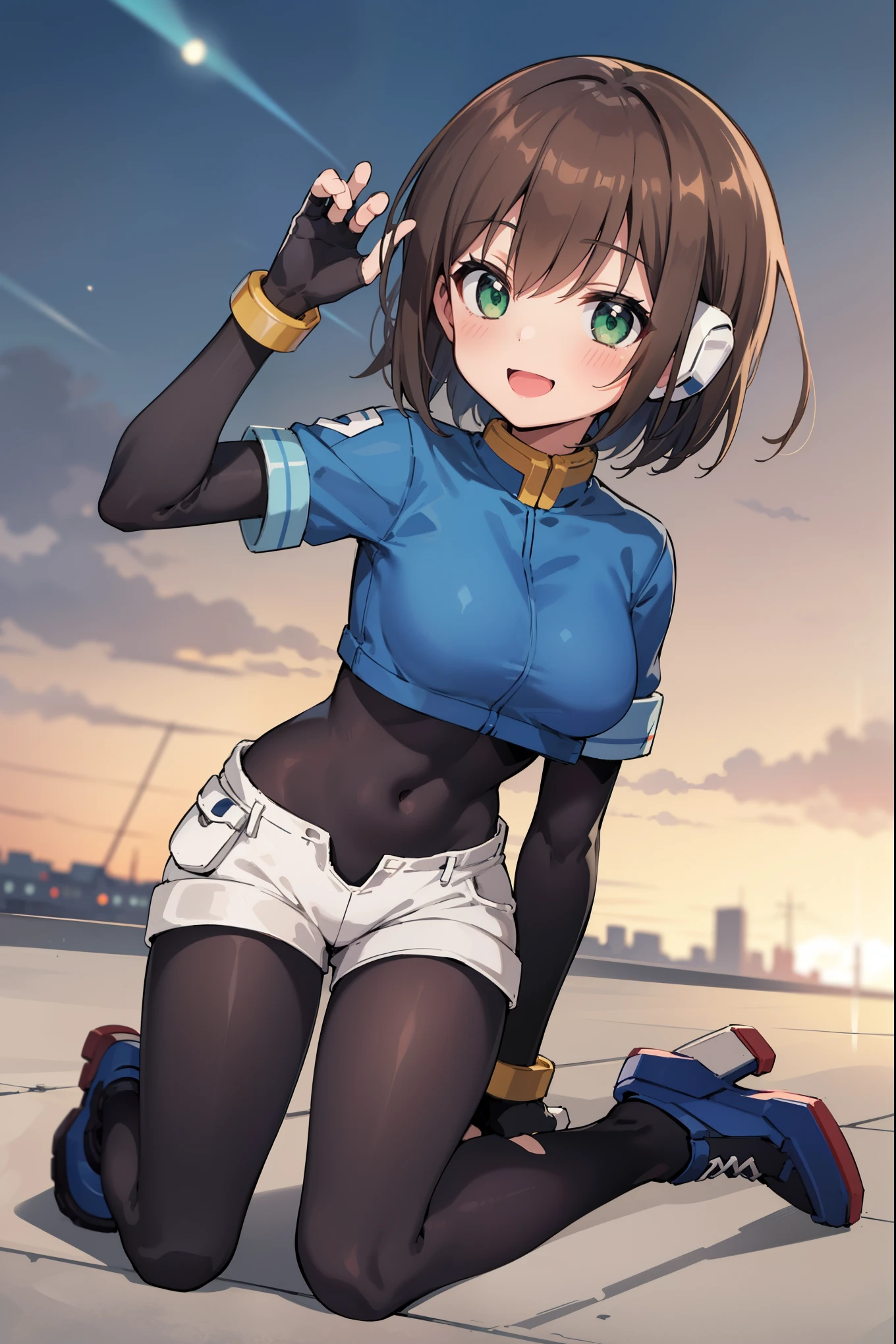 aile_megamanzx, kneeling with one hand on the ground and the other arm raised, 1girl, solo, short hair, brown hair, short sleeves, (bodysuit), robot ears, green eyes, short_shorts, short sleeves, short over long sleeves, smile, in futuristic city, , high quality, medium_breasts,crotch, slouch