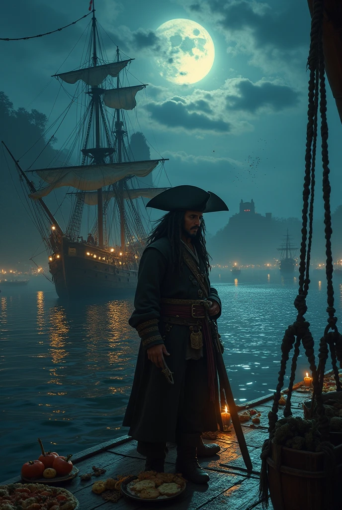 Imagine Jack Sparrow arriving at a mysterious, uncharted island with the Black Pearl, discovering ancient ruins and hidden dangers.Picture a lively scene where Jack Sparrow and his crew are celebrating a recent victory aboard the Black Pearl, with a grand feast and pirate songs echoing through the nightCreate a dramatic scene where Jack Sparrow makes a last stand aboard the Black Pearl, facing overwhelming odds as enemy ships close in from all sides.