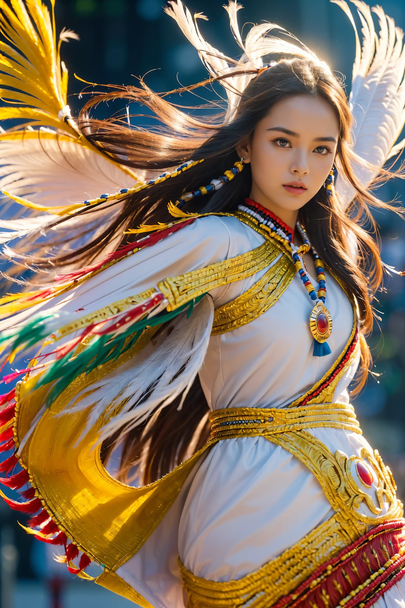 (cinematic photograph of a detailed beautiful 18-year old woman with ((facial and body characteristics that is similar to Kristina Pimenova))), (), ((Traditional Powwow Elegance: Theme: Celebrating the vibrant colors and regalia of a powwow. Clothing: Authentic regalia inspired by the model's specific tribal heritage. Scene: A powwow arena, with traditional music and dance. Props: Drum, feathered fan, or traditional beadwork.)), (), (), finely detailed, ultra-realistic features of her pale skin and (slender and athletic body), and (symmetrical, realistic and beautiful face), candid, (), (), (()), (), film stock photograph,  rich colors, hyper realistic, lifelike texture, dramatic lighting, strong contrast