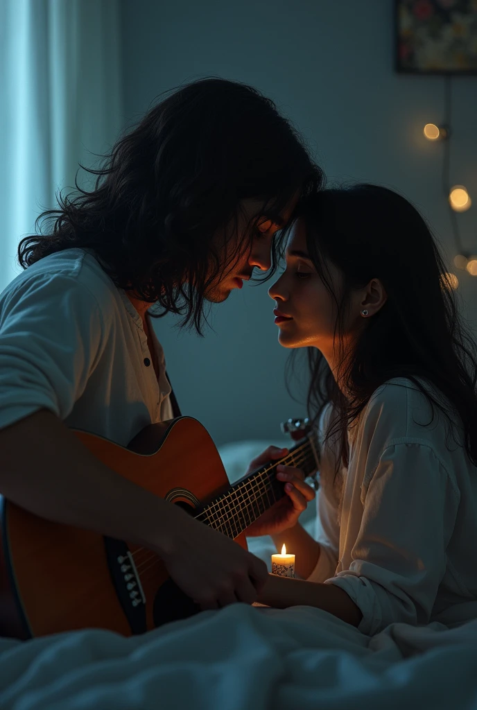 A 18 years long hair indian boy is
Crying and singing with a guitar in front of her girlfriend