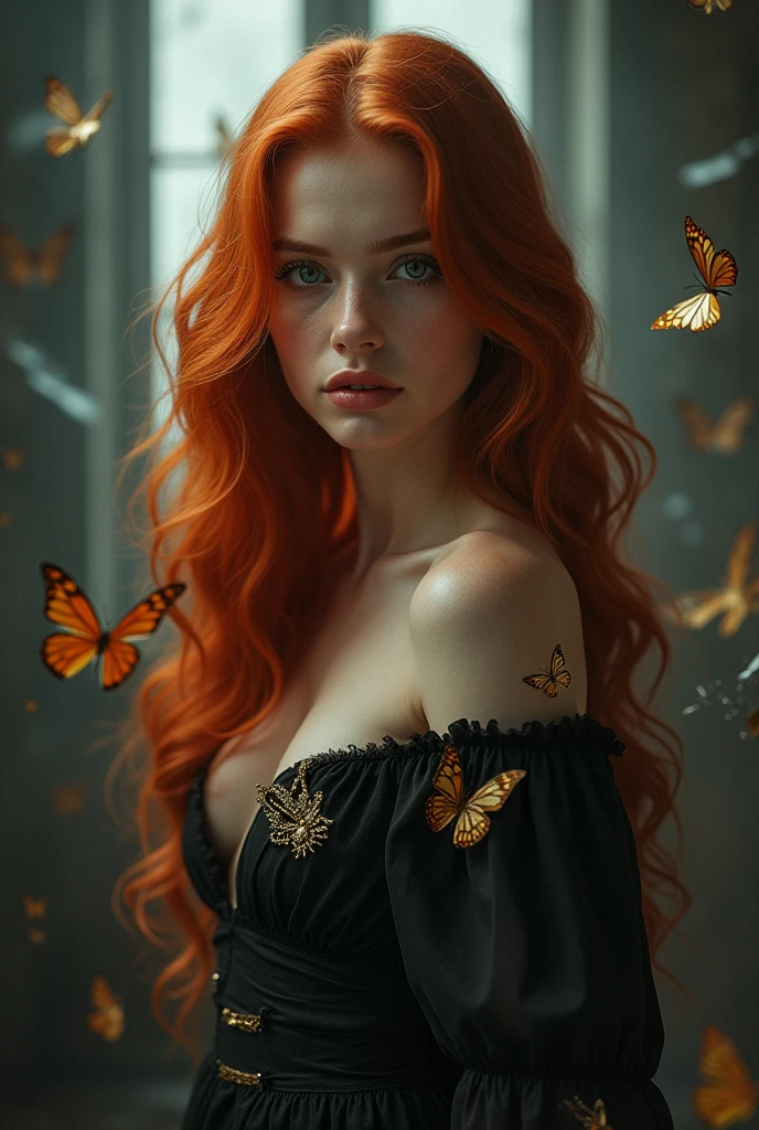 (solo, full body photo:1.3), (action packed:1.3), (haze, fog, mist:1.3), chiaroscuro, best quality, photorealistic, 1woman, (cute), (24yo:1.2), redhead, long ginger hair highly detailed, 1700'S, digital photography, art by artgerm and ruan jia and greg rutkowski surreal painting gold butterfly filigree, broken glass, (masterpiece, sidelighting, finely detailed Fashionable eyes: 1.2) (perfect oval large eyes that gazes at the viewer), beautiful detailed face, blue gorgeous perfect eyes, (blonde hair ponytail), (attractive young woman:1.3), (thick amazing hair), (seductive:1.1), (blushing:1.1)