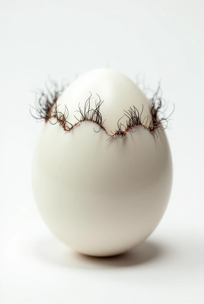 Hyper realistic hoto of undamaged egg in white backkground, close up, short dark body hair growing from it's pores