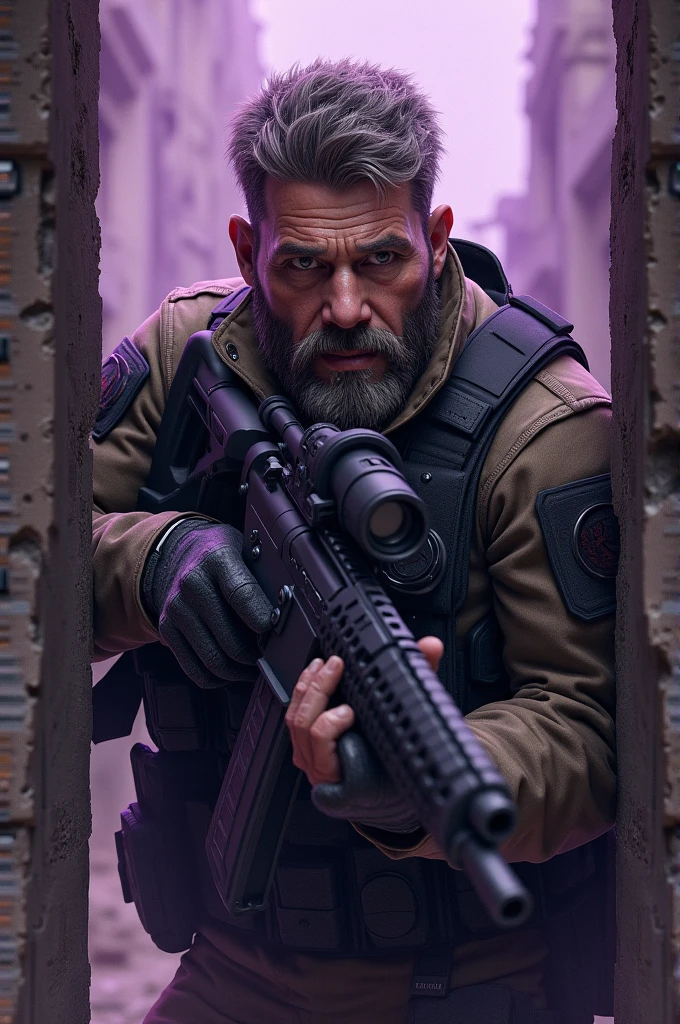 1 men, rusa, 40years, Character Design and Judgment Day, detaileds, skin detailed, military dress uniform, bulletproof vest, mitts, Holding a cocked gun, mdr, peeking action, (peeking:1.2), Modified firearm, modify heavy firearms, ((destroyed city, apocalypse city,) purple war zone