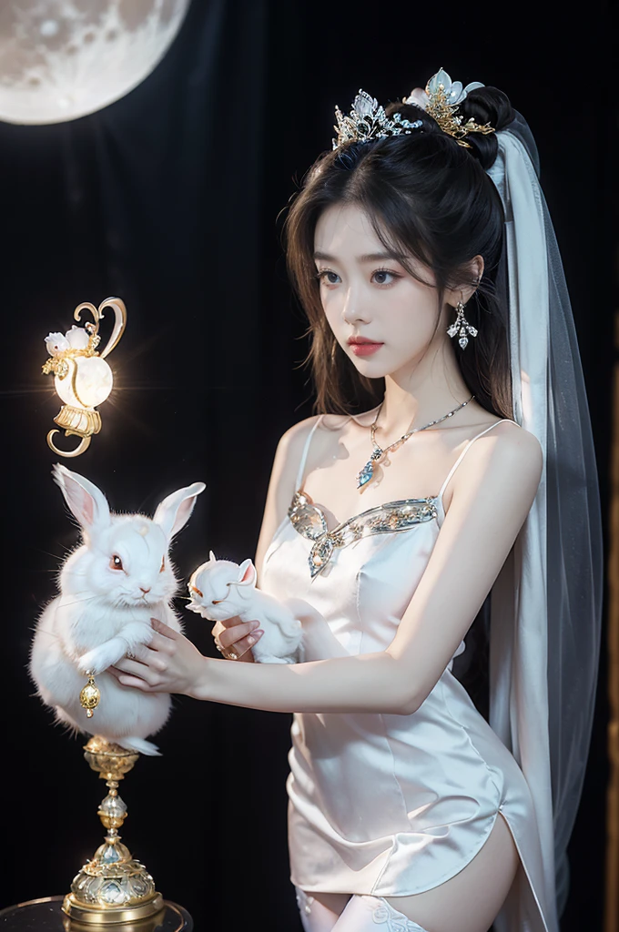 (((best quality))),(((ultra detailed))),(((masterpiece))),illustration,((1 beautiful girl,fairy,Chang'e,solo)),(long straight bob:0.8),((earrings,necklace)),((slim,thin)),((small breasts,flat chest)),(magnificent white Chinese sheer dress:1.3),(stockings:1.3),((moon,Mid-Autumn Festival)),(standing:1.3),(on the moon:1.3),(in luxurious Palace built with crystals:1.3),face bright,exquisite patterns,gold and silver threads,charming,hair accessory,silver hairpin,gemstones,brilliance,luxurious decorations,gold and silver jewelry,transparent windows,crystal balls,gemstone towers,bright moonlight,mysterious and beautiful,enjoy,story of Chang'e,fairyland,(night scene:1.3),((from front,upper body)),(Holding a white rabbit in arms:1.3)