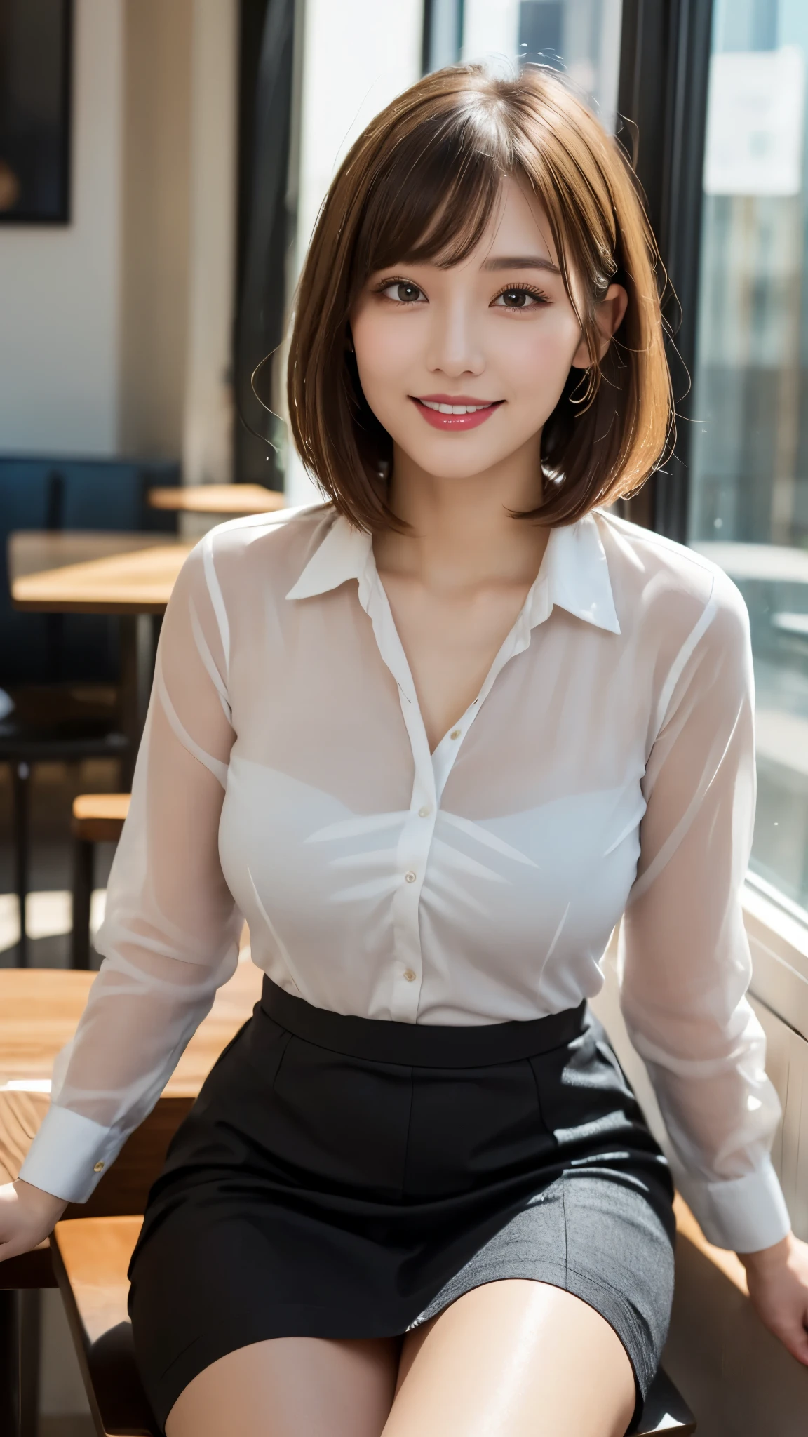 (Photorealistic, 32k, RAW photo, best quality:1.4), (masterpiece:1.3), (ultra high resolution, ultra realistic, highly detailed, golden ratio, ultra detailed), natural makeup, intricate cloth texture, finely detailed hair texture, beautiful full-body view, perfect female form, anatomically accurate, highly detailed face and skin, (elegant hands), (realistic skin), (beautiful pale skin:1.1), (perfectly dynamic composition, engaging the viewer:1.3), (wearing a professional office attire, Formal shirt and skirt, smart casual:1.3),
BREAK,
realistic eyes, captivating detailed eyes, symmetric eyes, light brown eyes, double eyelids, thin eyebrows, (glossy lips:1.4), ((kissable expression, seductive smile:1.2)), (blush:1.3),
BREAK,
((short bob cut, dark blonde hair, bangs:1.2)), (Daytime, sitting by a window in a cafe downtown:1.3),