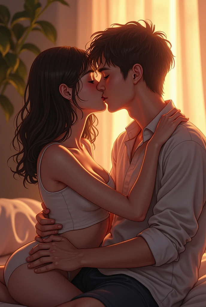 A cute girl with light brown and black hair french kissing her hot boy friend with light brown hairs 