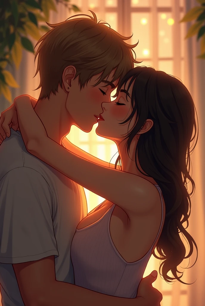 A cute girl with light brown and black hair french kissing her hot boy friend with light brown hairs