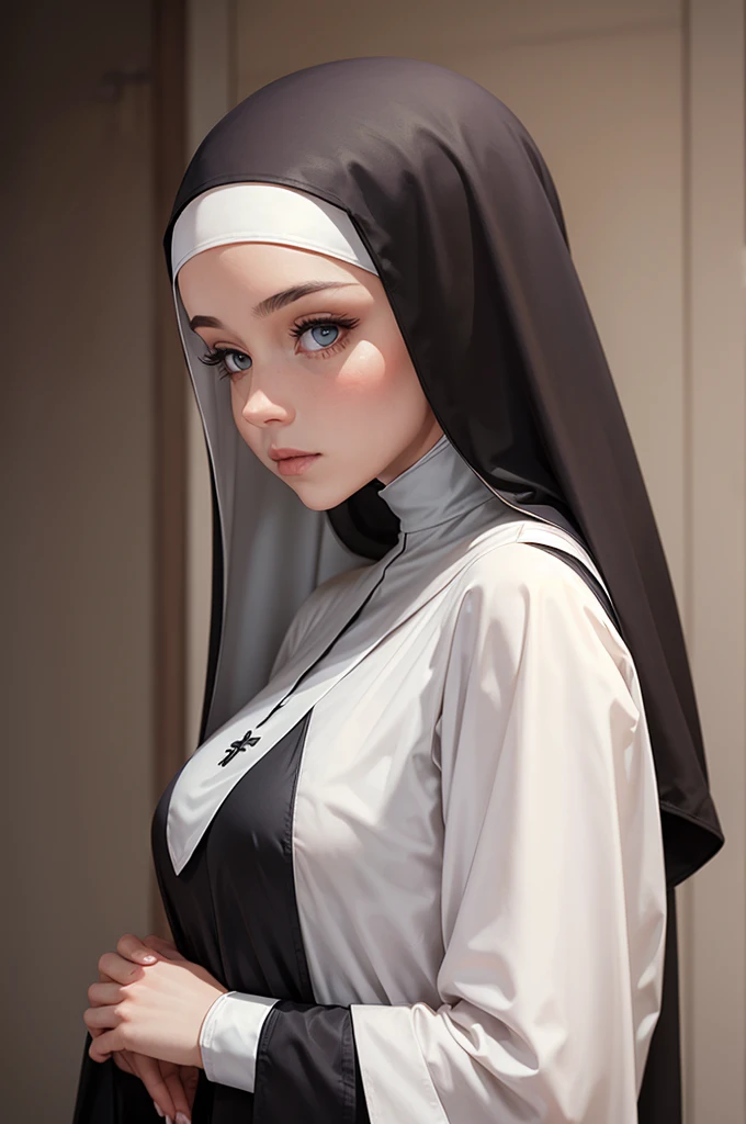 a woman dressed in nun's clothes, black and white outfit, on the head a crown of roses, holding a crucifix, serene and compassionate look, ultra realistic image, the color of roses are red white and pink
